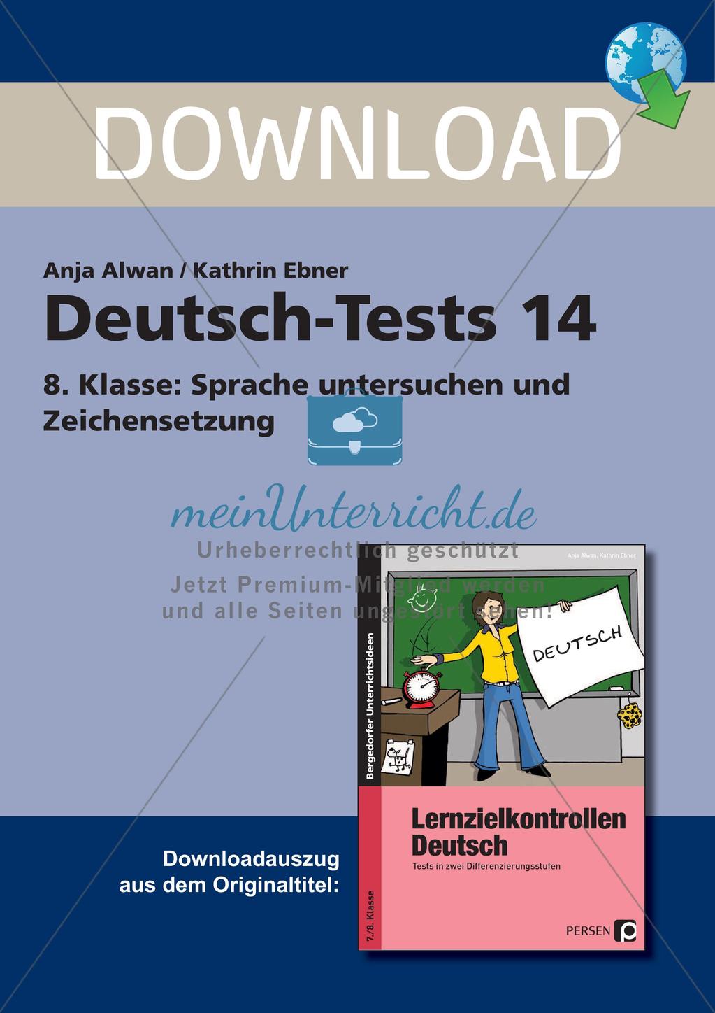 Lernzielkontrollen Klasse 8: Sprache untersuchen und Zeichensetzung Preview 1