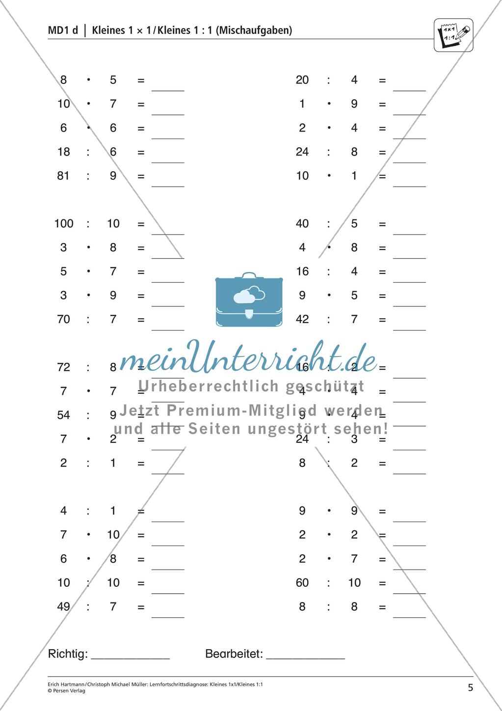 Lernfortschrittsdiagnose: Kleines Einmaleins und Einsdurcheins Preview 7