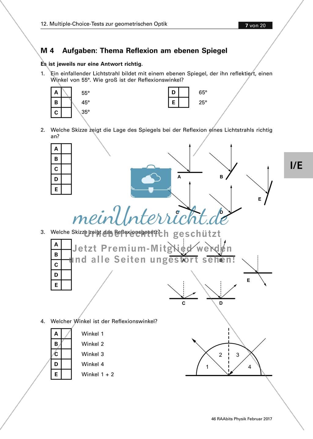 Multiple-Choice-Test zum Thema Reflexion am ebenen Spiegel Preview 1
