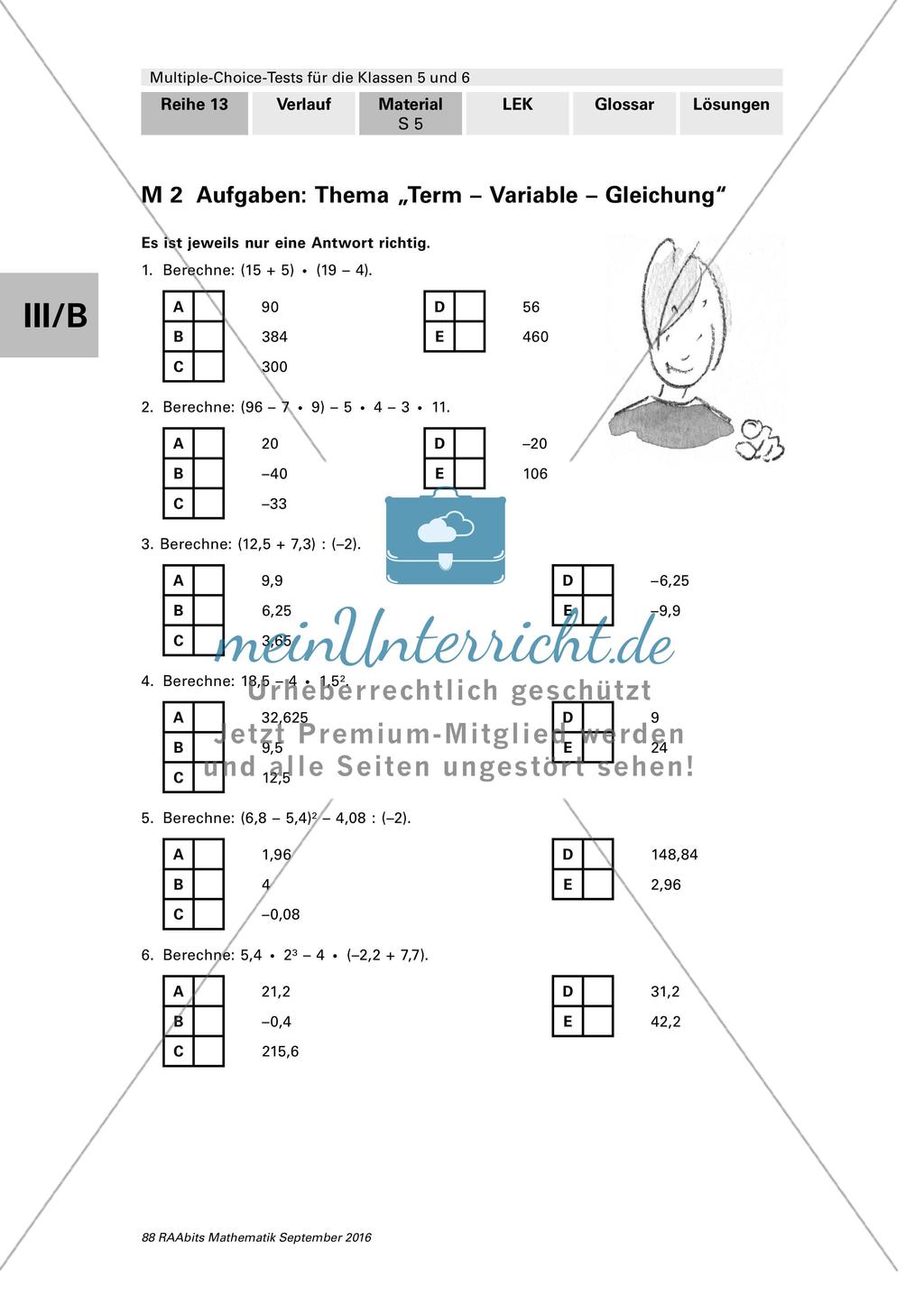 Multiple-Choice-Test zu Terme, Variablen und Gleichungen Preview 1