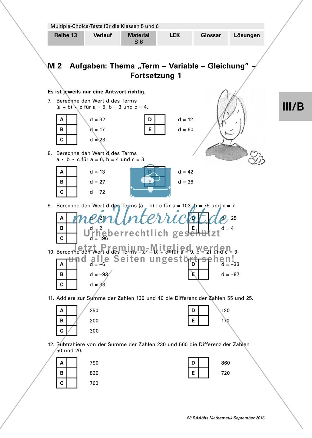 Multiple-Choice-Test zu Terme, Variablen und Gleichungen Preview 2