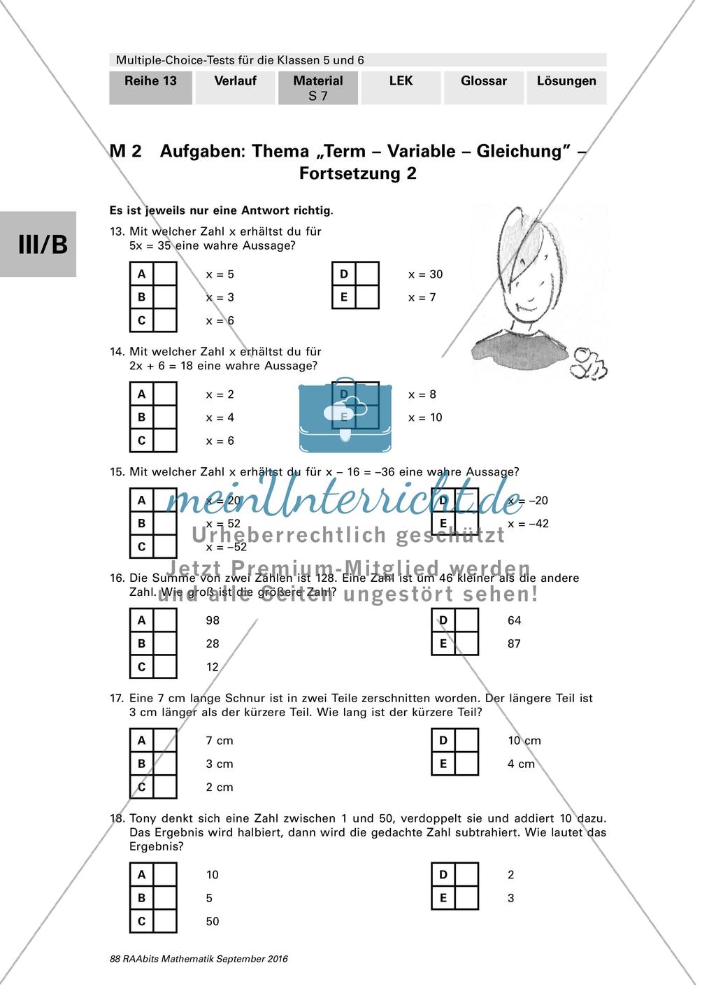 Multiple-Choice-Test zu Terme, Variablen und Gleichungen Preview 3