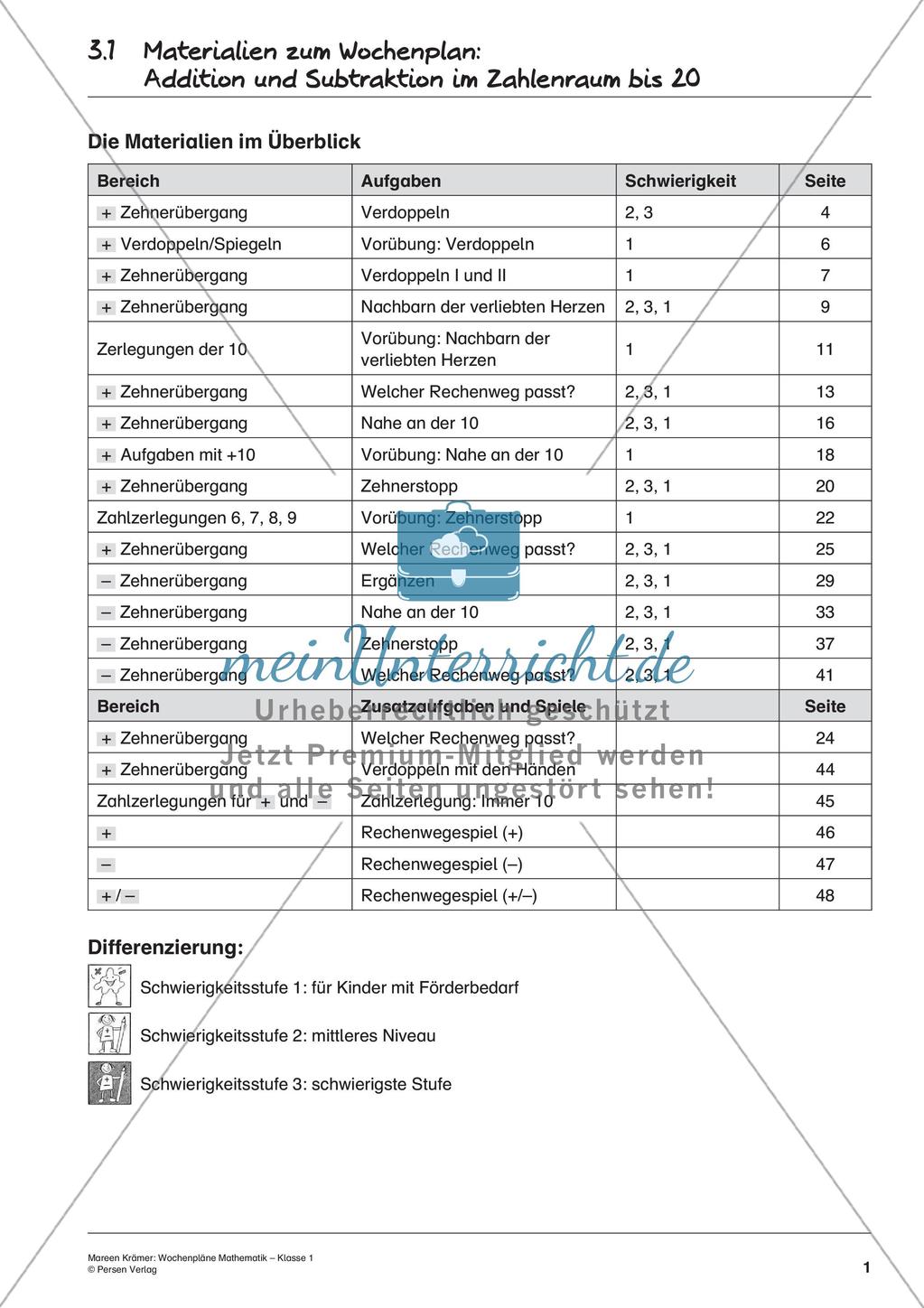 Wochenplanarbeit zur Addition und Subtraktion bis 20 Preview 3