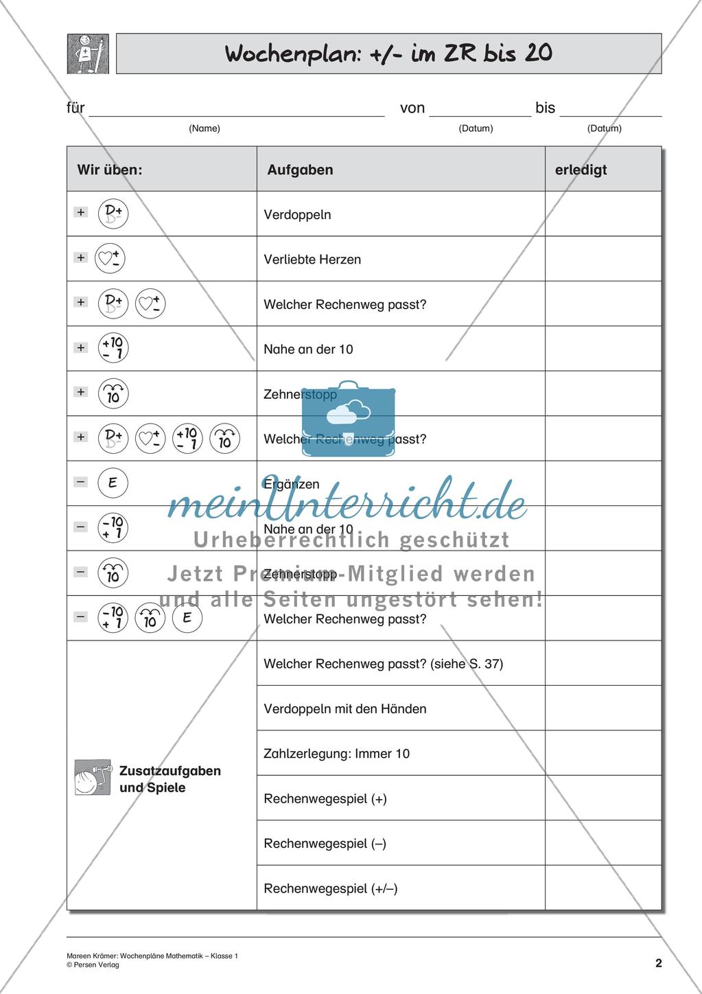 Wochenplanarbeit zur Addition und Subtraktion bis 20 Preview 4