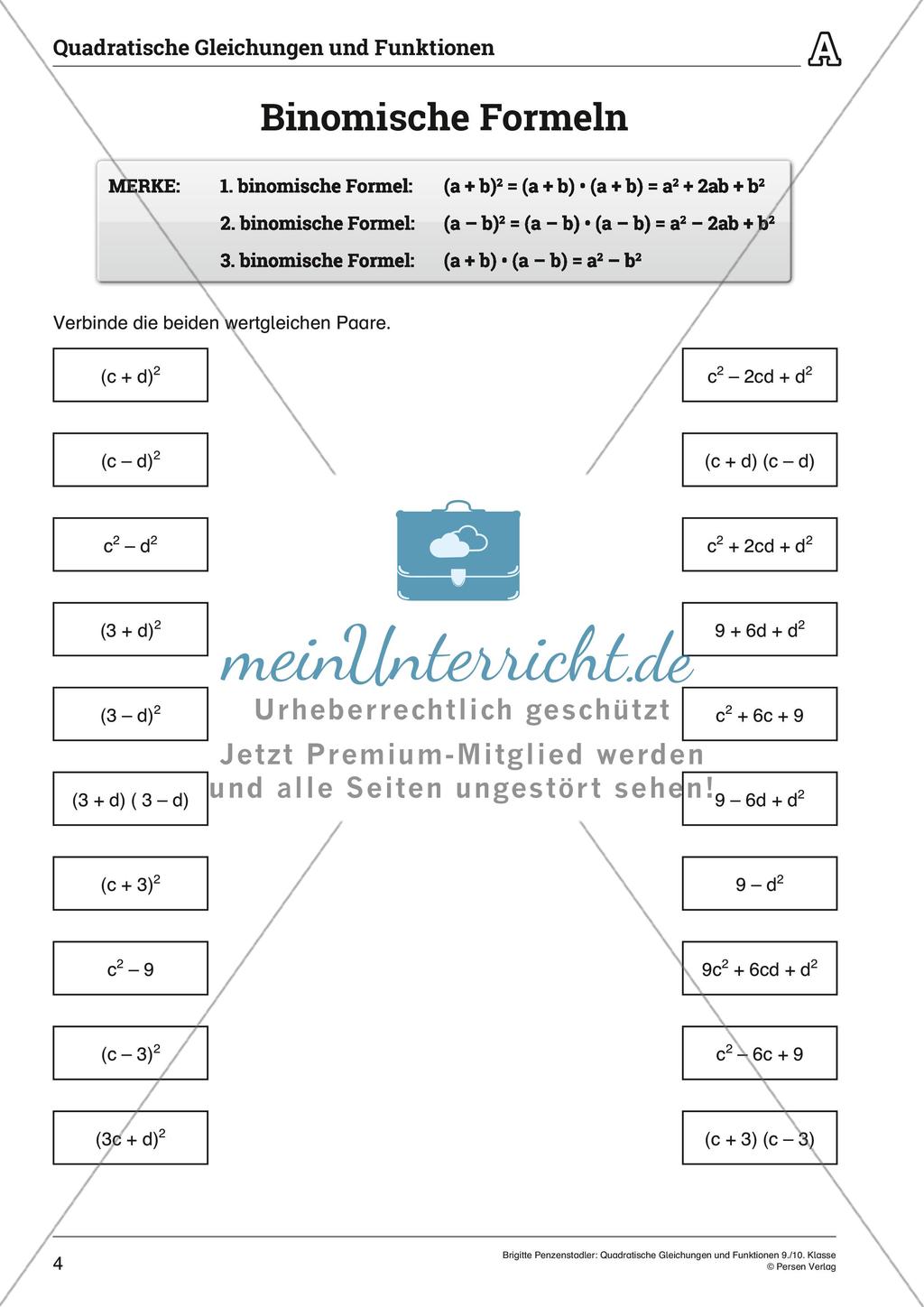 Die quadratischen Gleichungen und Funktionen Preview 4