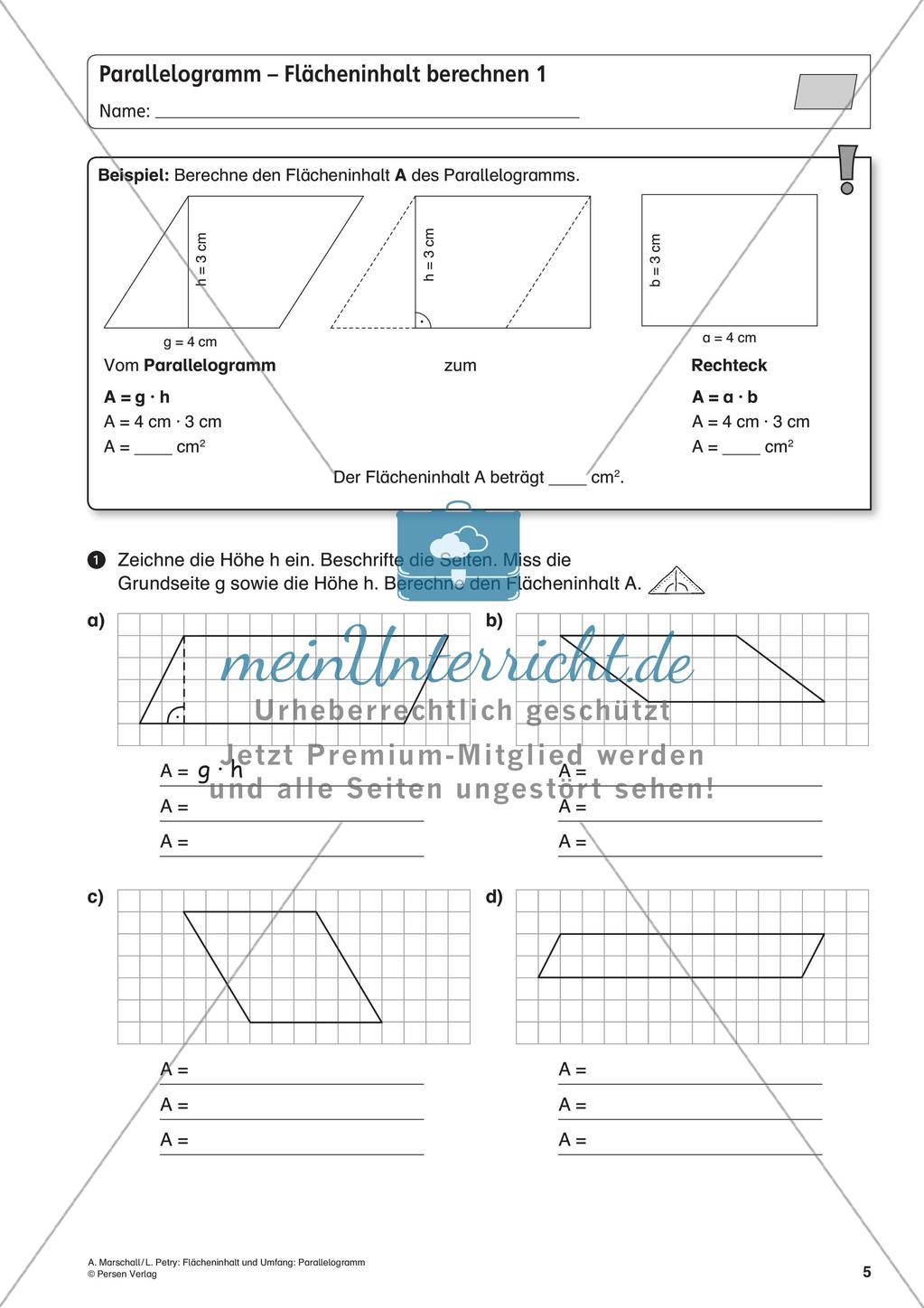 Flächeninhalt und Umfang: Das Parallelogramm Preview 7