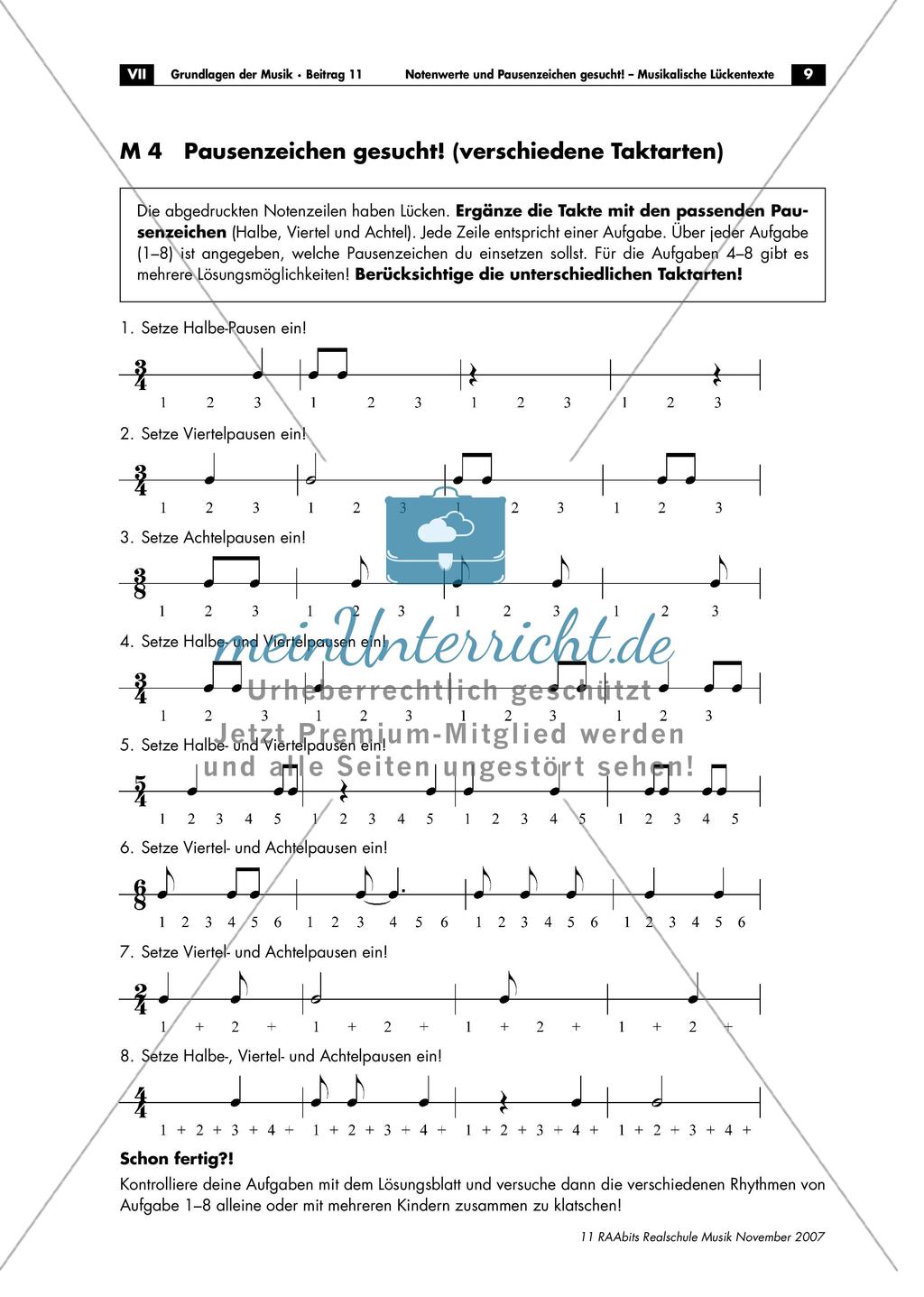 Musikalische Lückentexte: Notenwerte und Pausenzeichen Preview 9