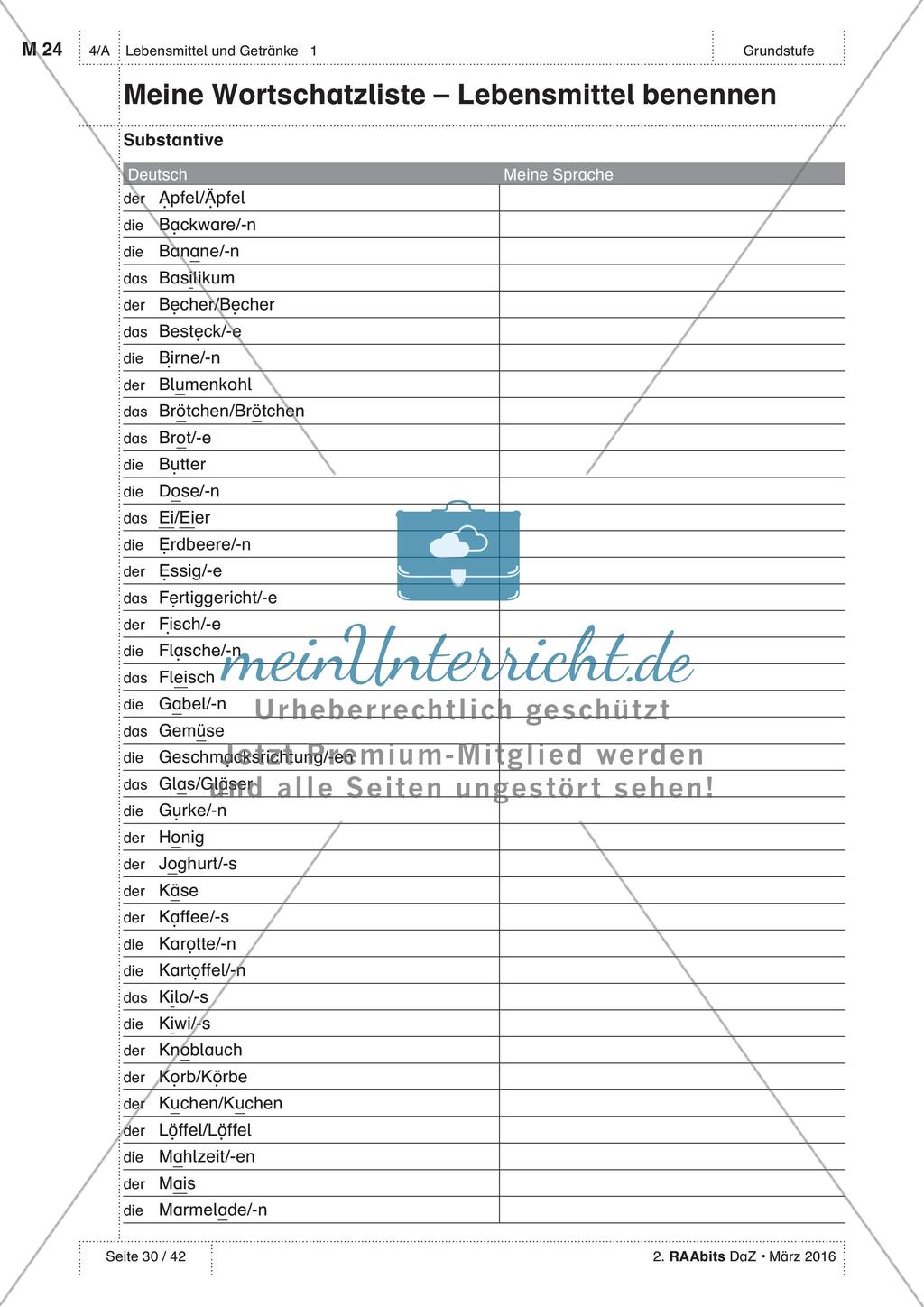 Lebensmittel und Getränke - Wortschatzliste Preview 1