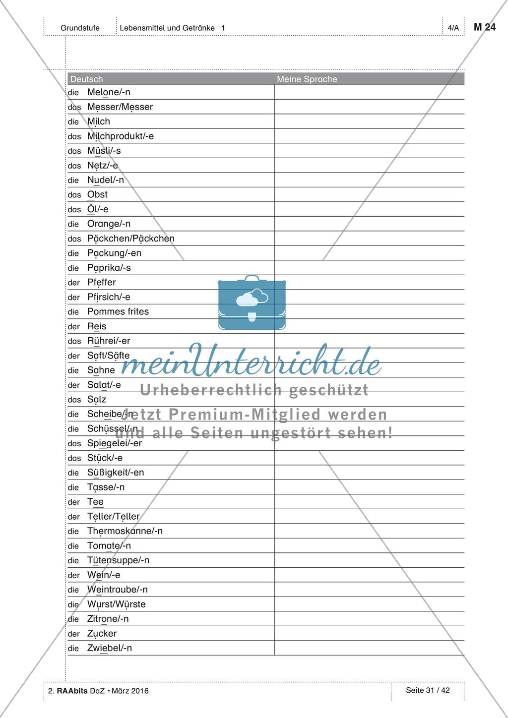Lebensmittel und Getränke - Wortschatzliste Preview 2