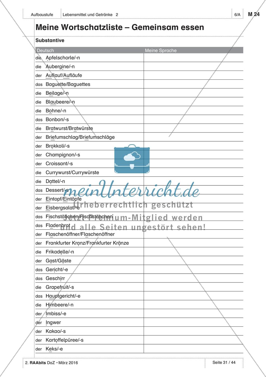 Gemeinsames Essen - Wortschatzliste Preview 1