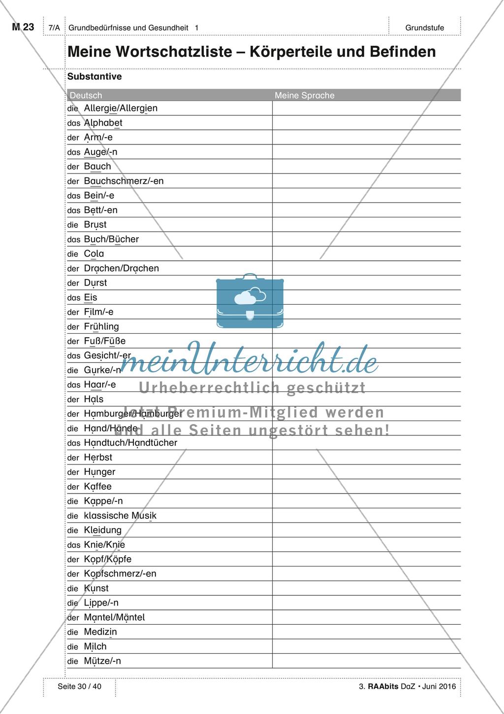Körperteile und Befinden - Wortschatzliste Preview 1