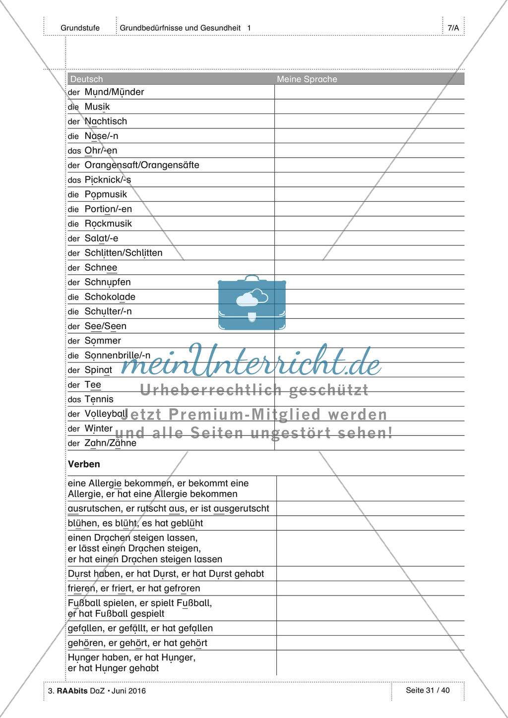 Körperteile und Befinden - Wortschatzliste Preview 2