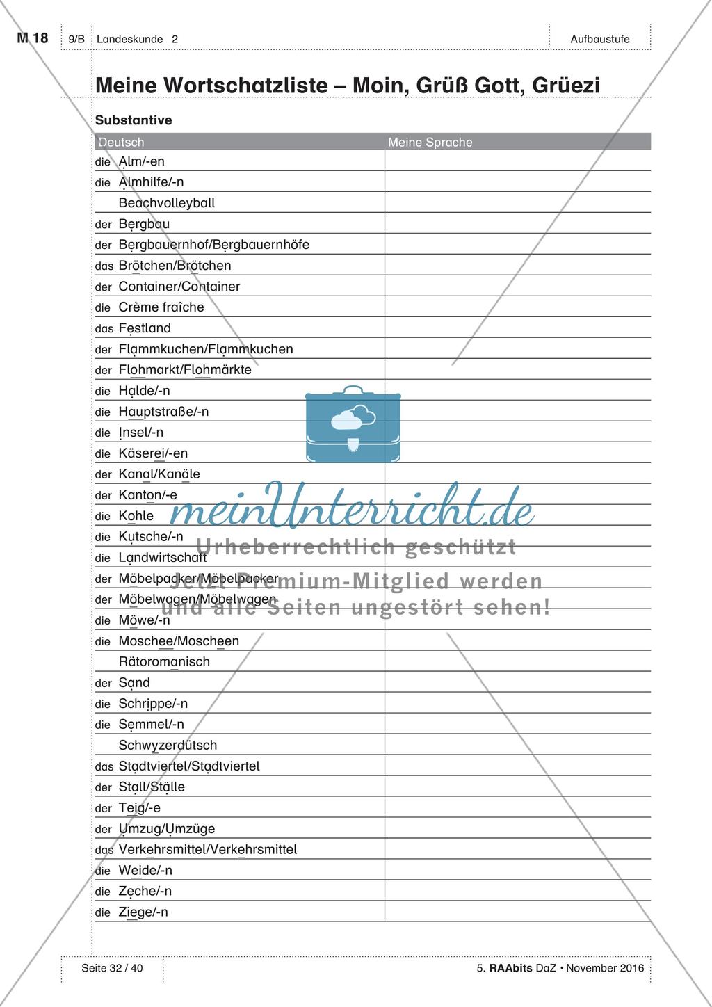 Landeskunde - Wortschatzliste Preview 1