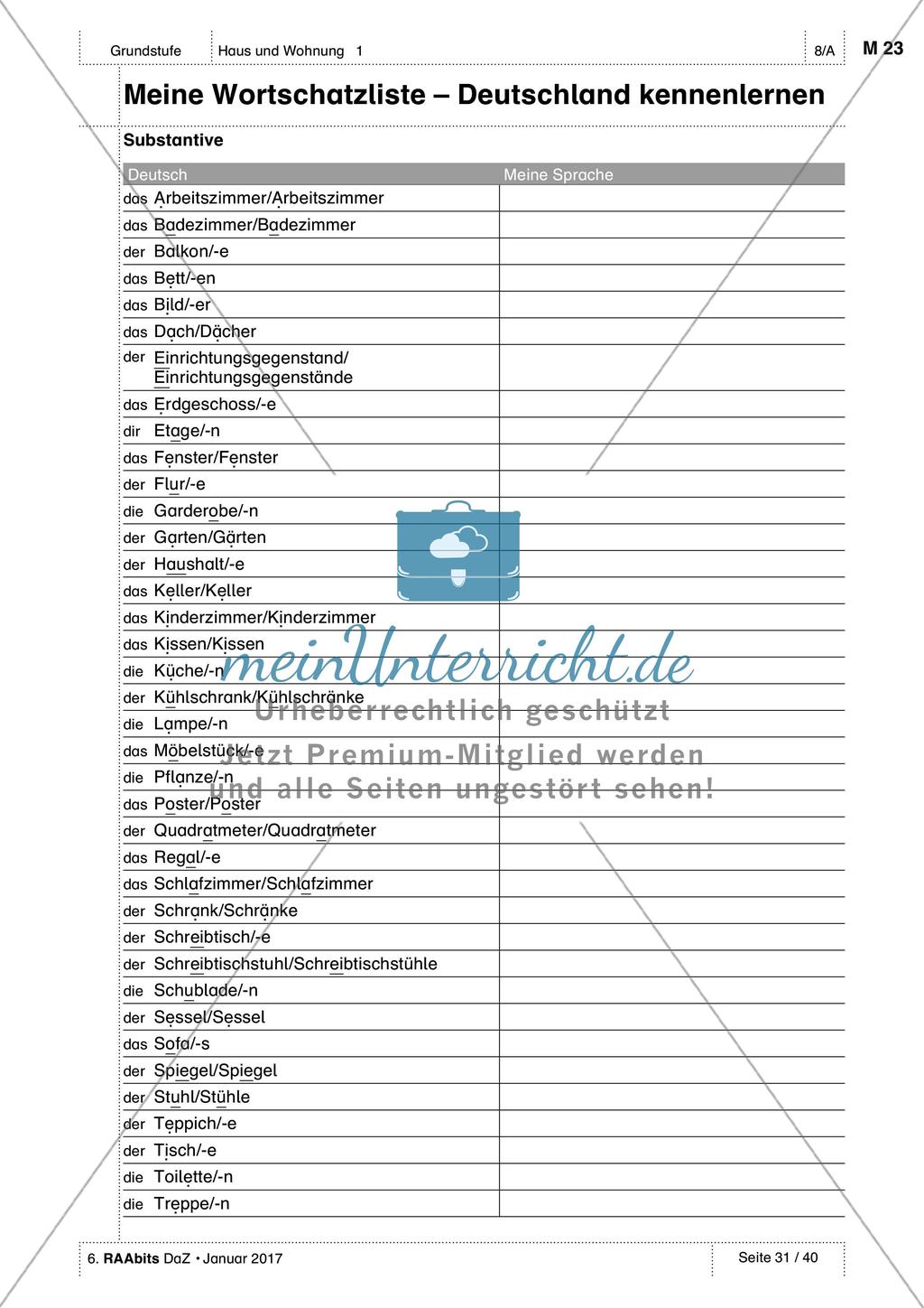 Haus und Wohnung - Wortschatzliste Preview 1