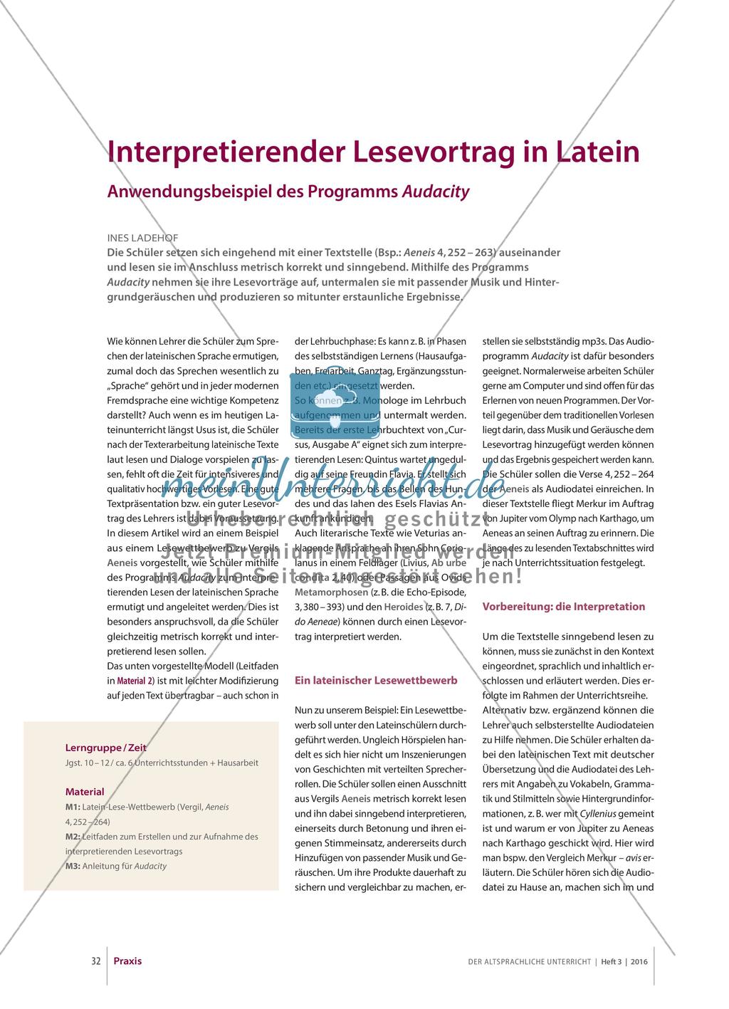 Interpretierender Lesevortrag in Latein: Anwendungsbeispiel des Programms Audacity Preview 1