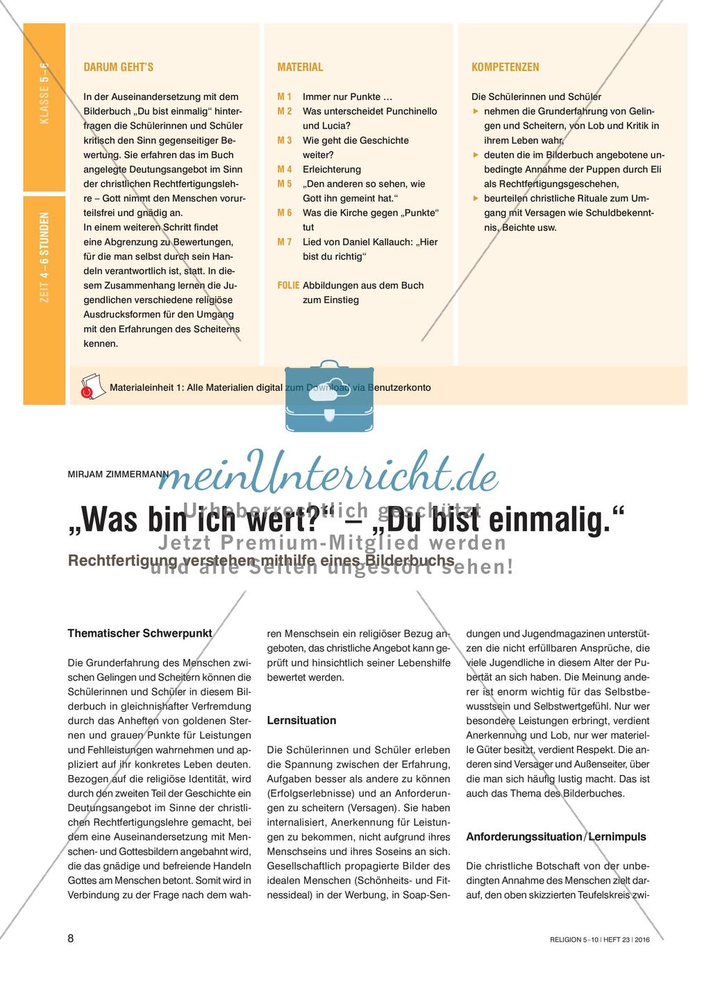 „Was bin ich wert?“ – „Du bist einmalig.“: Rechtfertigung verstehen mithilfe eines Bilderbuchs Preview 1