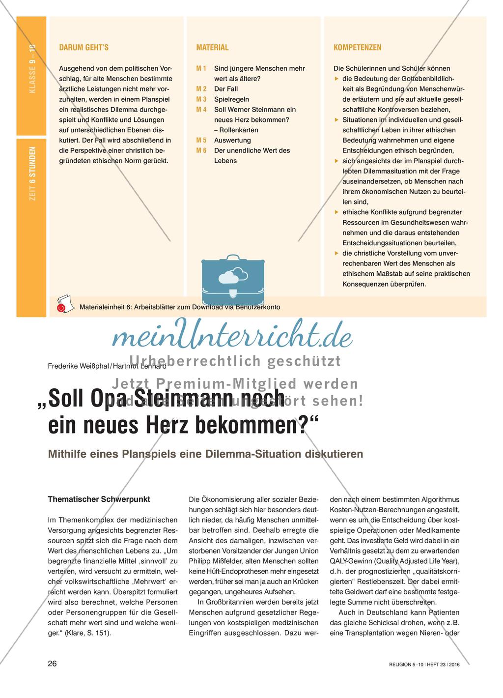 „Soll Opa Steinmann noch ein neues Herz bekommen?“ - Mithilfe eines Planspiels eine Dilemma-Situation diskutieren Preview 1