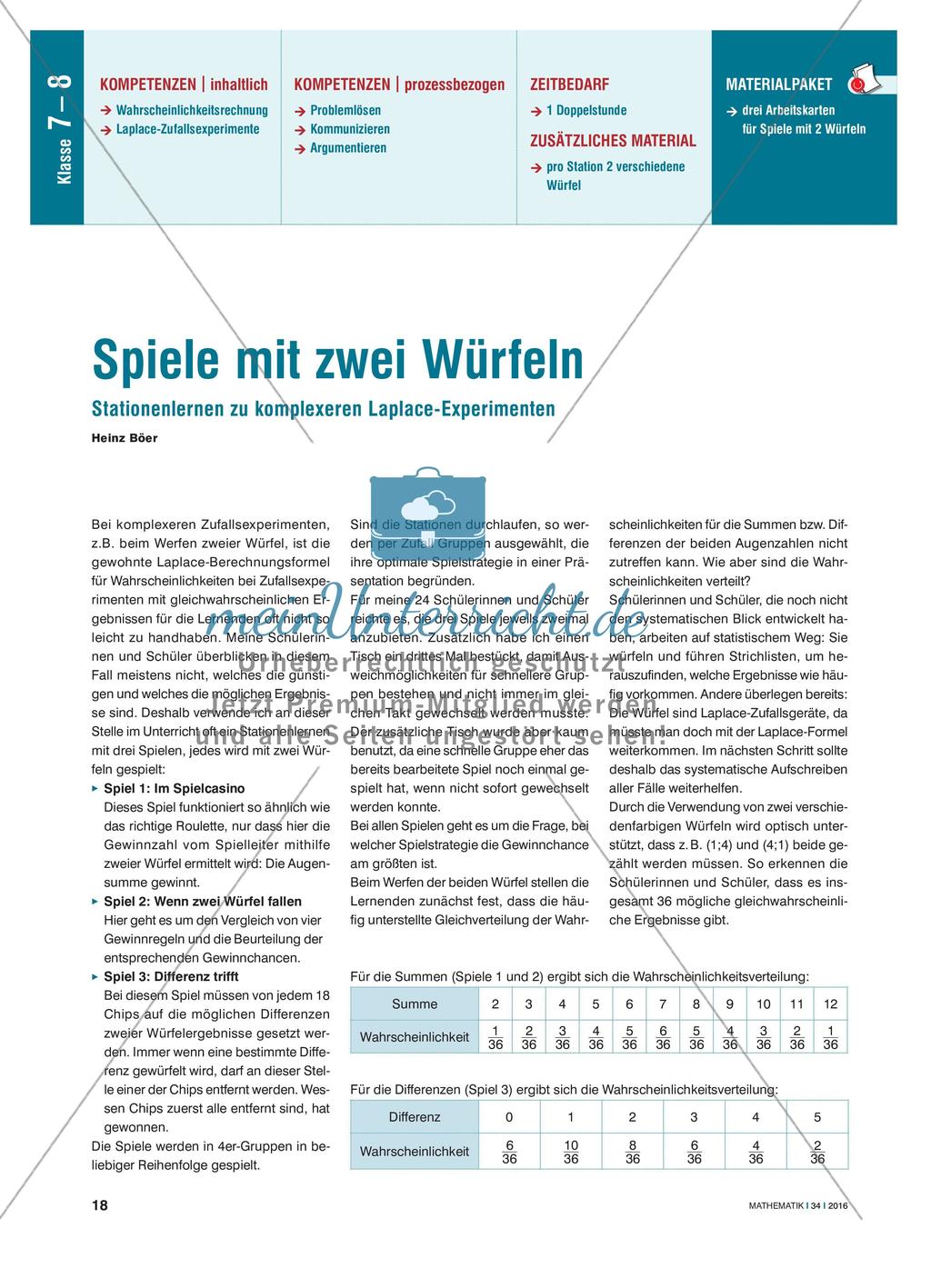Spiele mit zwei Würfeln - Stationenlernen zu komplexeren Laplace-Experimenten Preview 1