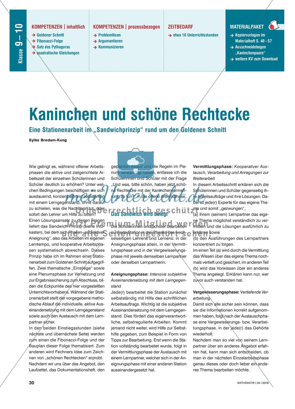 Kaninchen und schöne Rechtecke - Eine Stationenarbeit im „Sandwichprinzip“ rund um den Goldenen Schnitt Preview 1