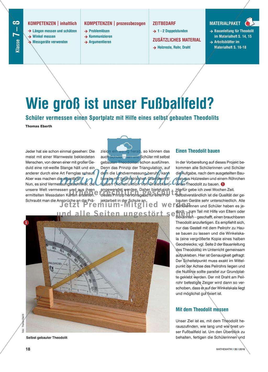 Wie groß ist unser Fußballfeld? - Schüler vermessen einen Sportplatz mit Hilfe eines selbst gebauten Theodolits Preview 1