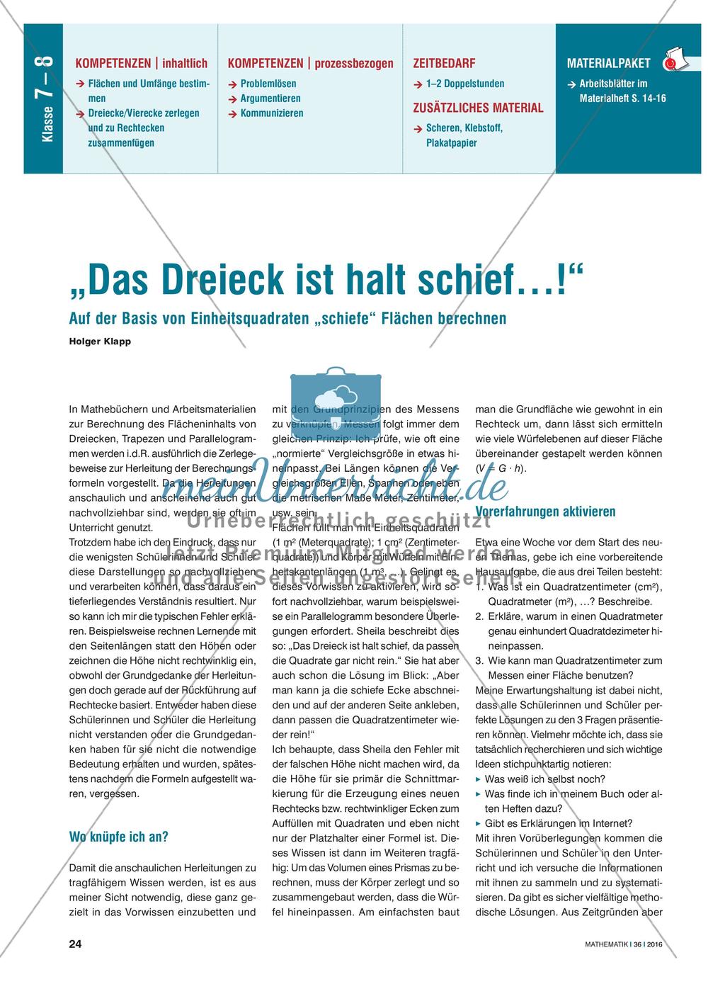 „Das Dreieck ist halt schief…!“ - Auf der Basis von Einheitsquadraten „schiefe“ Flächen berechnen Preview 1
