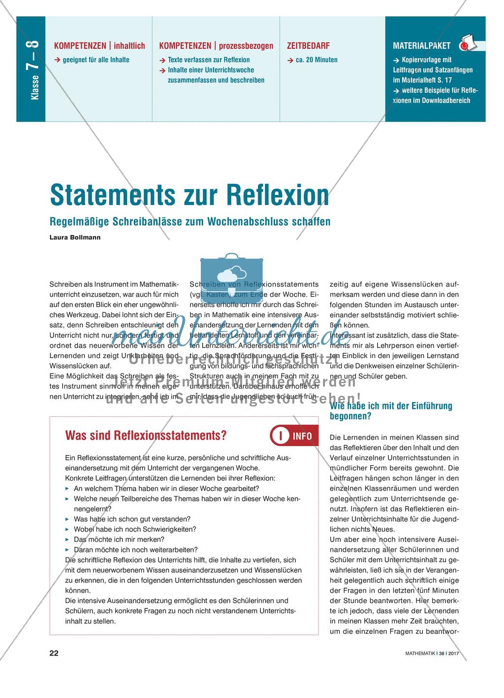 Statements zur Reflexion - Regelmäßige Schreibanlässe zum Wochenabschluss schaffen Preview 1