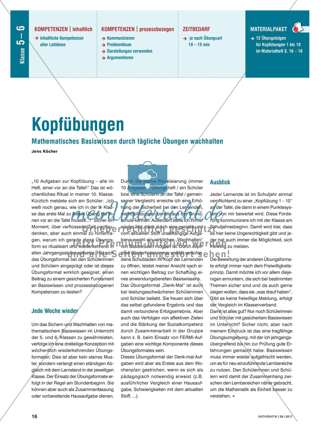 Kopfübungen - Mathematisches Basiswissen durch tägliche Übungen wachhalten Preview 1