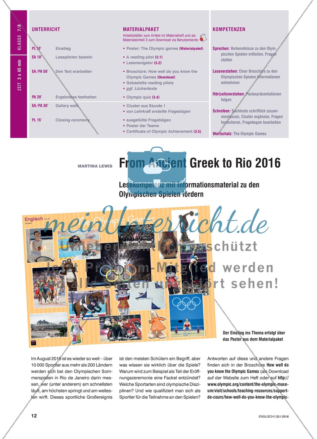 From Ancient Greek to Rio 2016 - Lesekompetenz mit Informationsmaterial zu den Olympischen Spielen fördern Preview 1