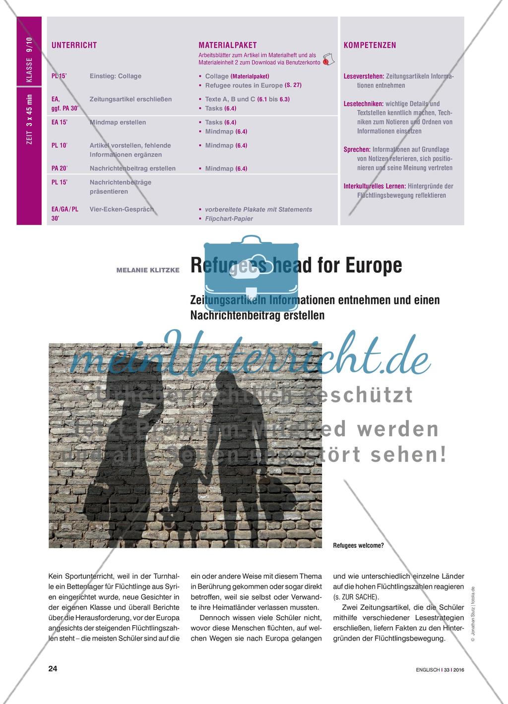 Refugees head for Europe - Zeitungsartikeln Informationen entnehmen und einen Nachrichtenbeitrag erstellen Preview 1