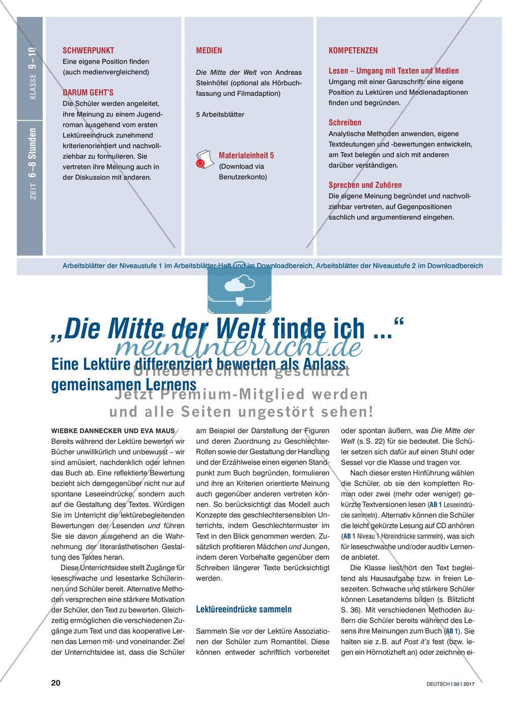 „Die Mitte der Welt finde ich ...“ - Eine Lektüre differenziert bewerten als Anlass gemeinsamen Lernens Preview 1