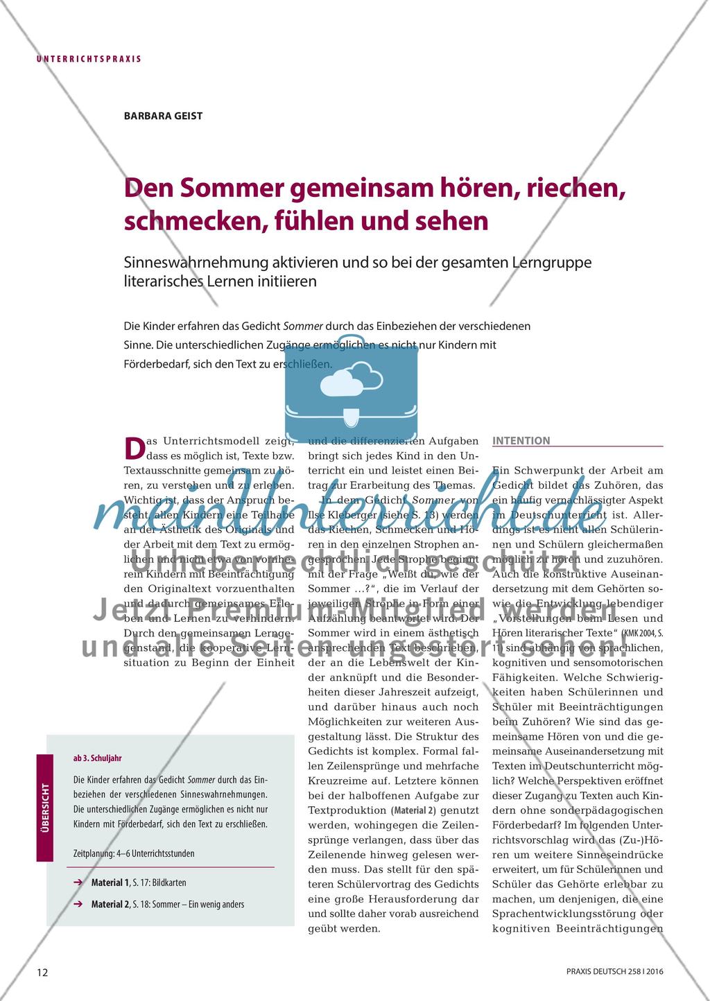 Den Sommer gemeinsam hören, riechen, schmecken, fühlen und sehen - Sinneswahrnehmung aktivieren und so bei der gesamten Lerngruppe literarisches Lernen initiieren Preview 1