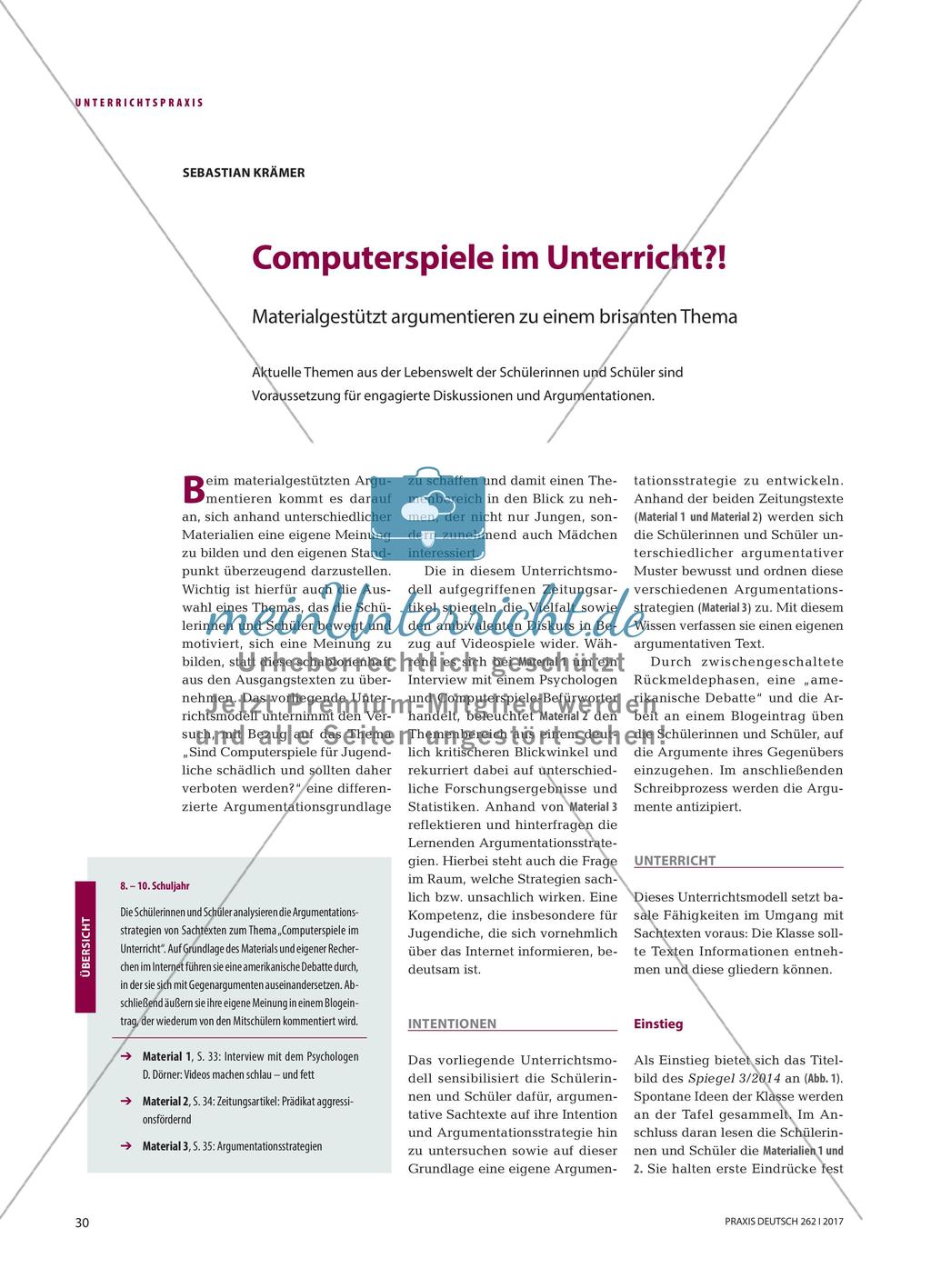 Computerspiele im Unterricht?! - Materialgestützt argumentieren zu einem brisanten Thema Preview 1