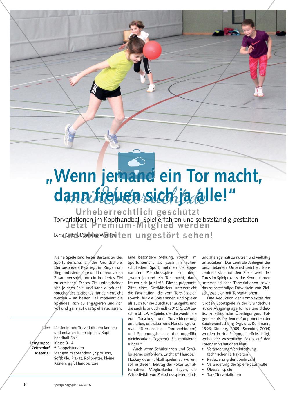 „Wenn jemand ein Tor macht, dann freuen sich ja alle!“ - Torvariationen im Kopfhandball-Spiel erfahren und selbstständig gestalten Preview 1