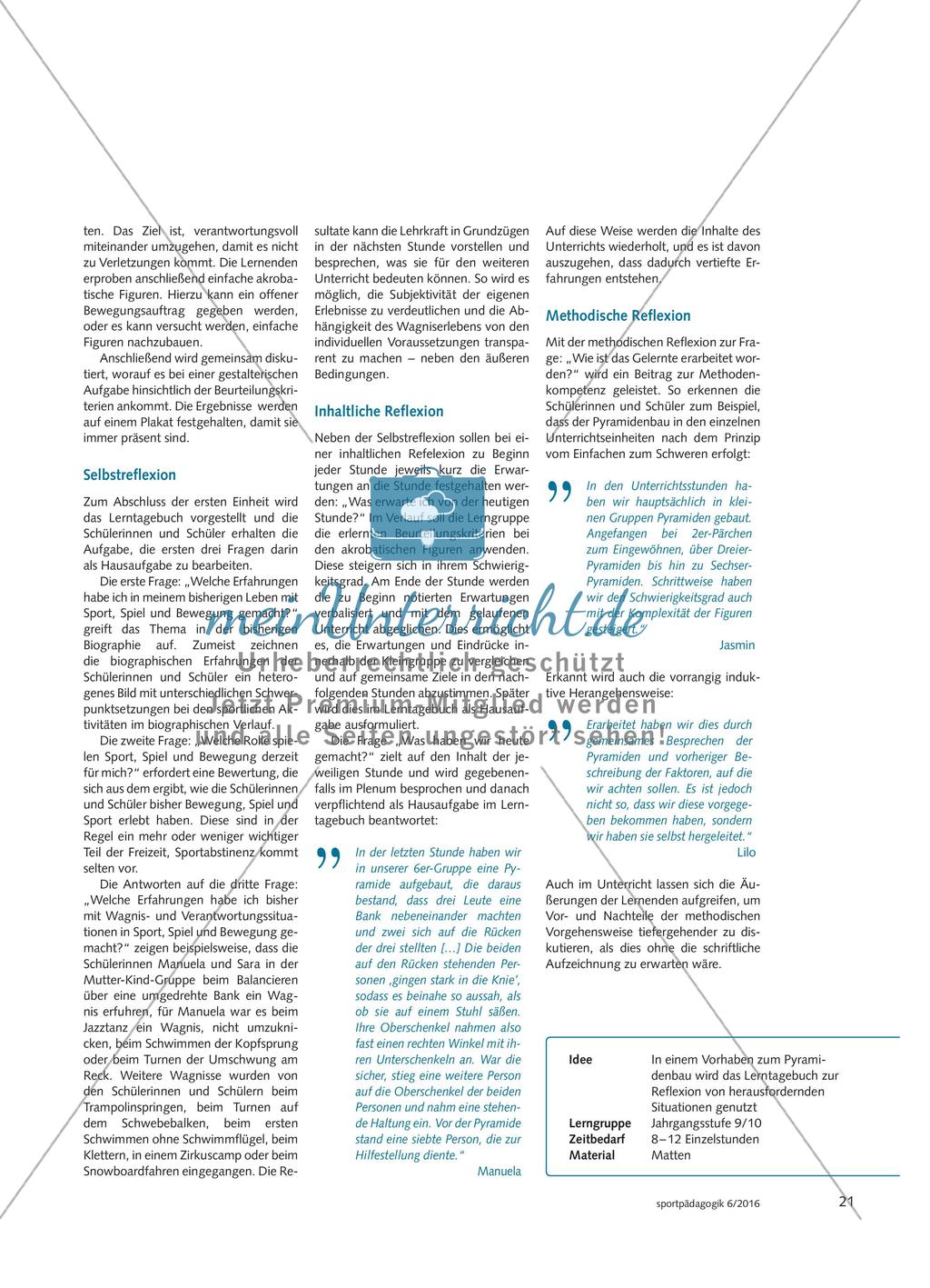 „Die Gruppe steht im Vordergrund“- Schülerinnen und Schüler bauen Menschenpyramiden und reflektieren dabei die Wagnis- und Verantwortungssituationen mit dem Lerntagebuch Preview 2