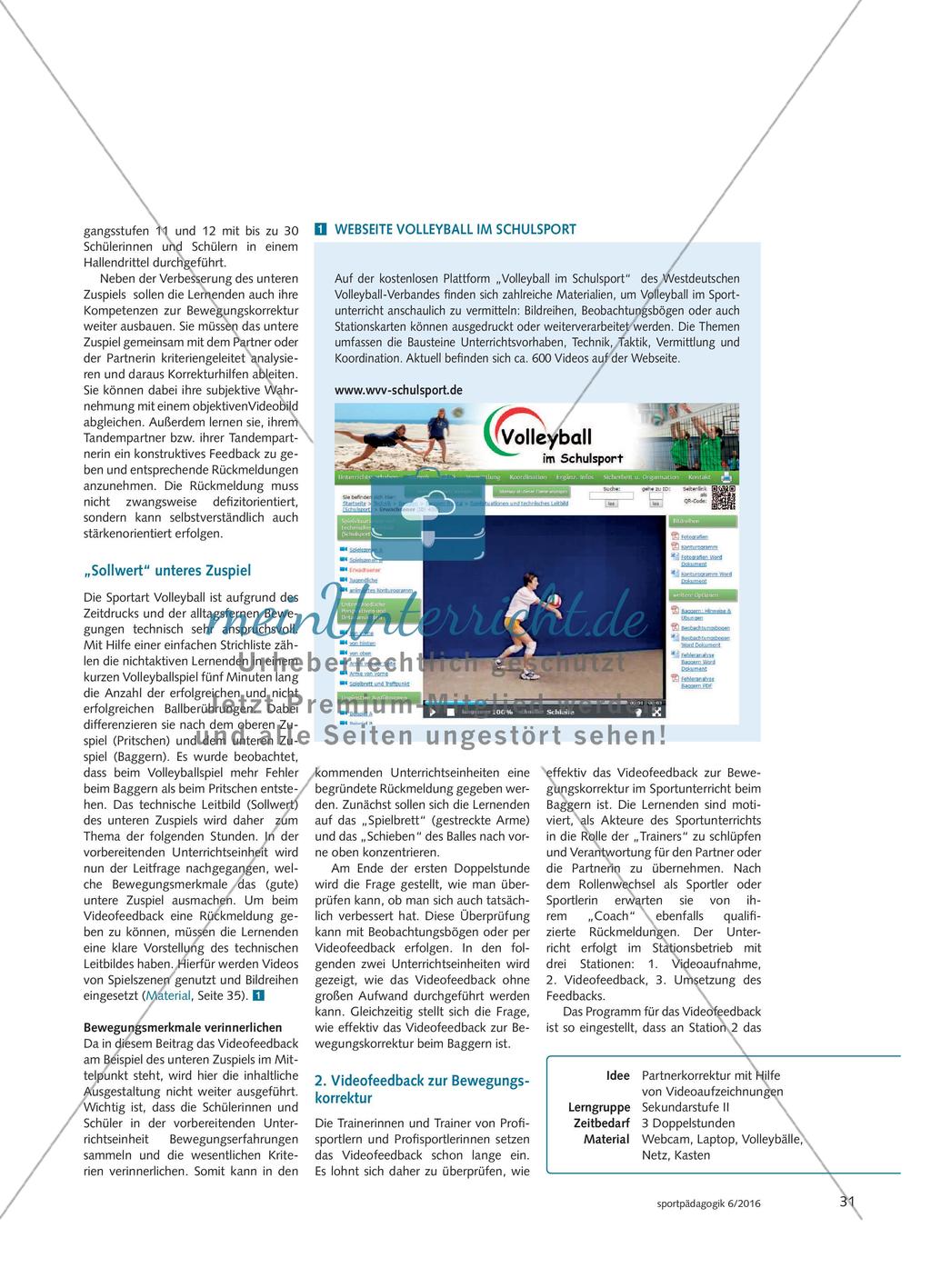 Videofeedback im Volleyball - Schülerinnen und Schüler der Oberstufe nutzen Videoaufzeichnungen zur gegenseitigen Korrektur der Bewegungsausführung am Beispiel des unteren Zuspiels Preview 2