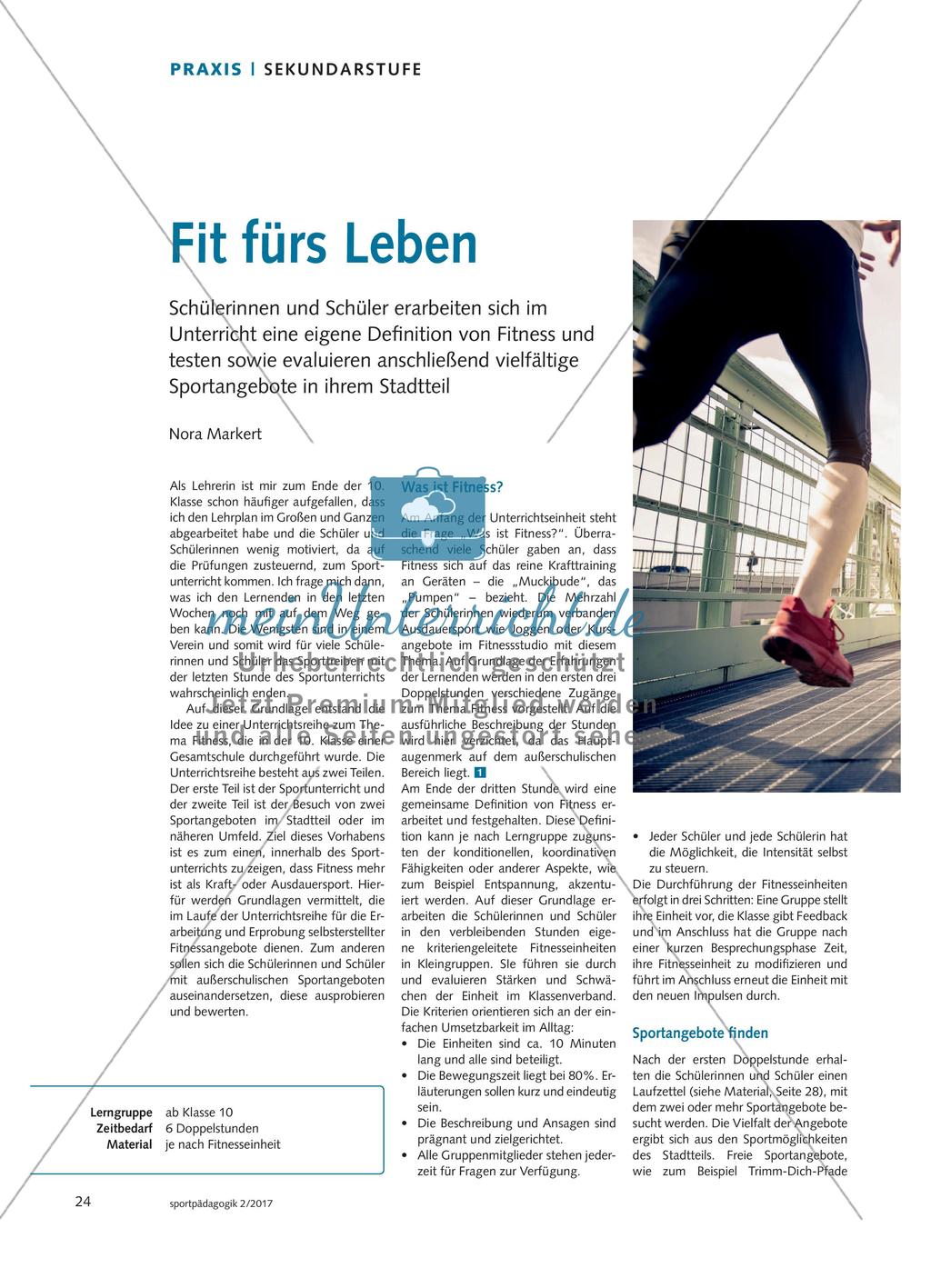 Fit fürs Leben - Schülerinnen und Schüler erarbeiten sich im Unterricht eine eigene Definition von Fitness und testen sowie evaluieren anschließend vielfältige Sportangebote in ihrem Stadtteil Preview 1