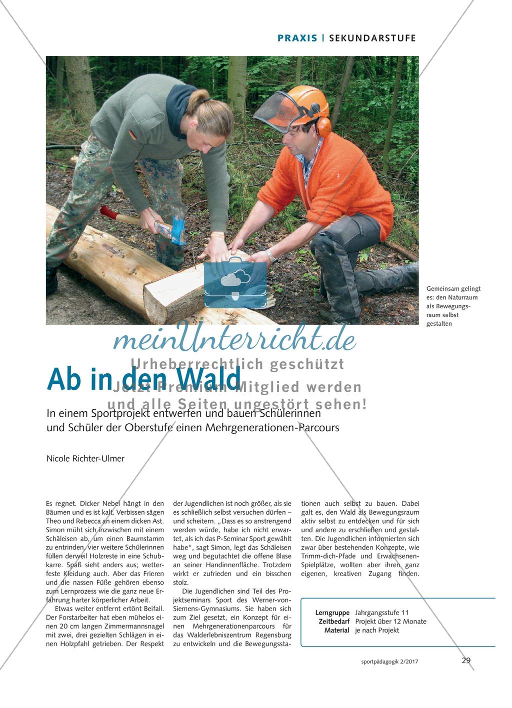Ab in den Wald - In einem Sportprojekt entwerfen und bauen Schülerinnen und Schüler der Oberstufe einen Mehrgenerationen-Parcours Preview 1