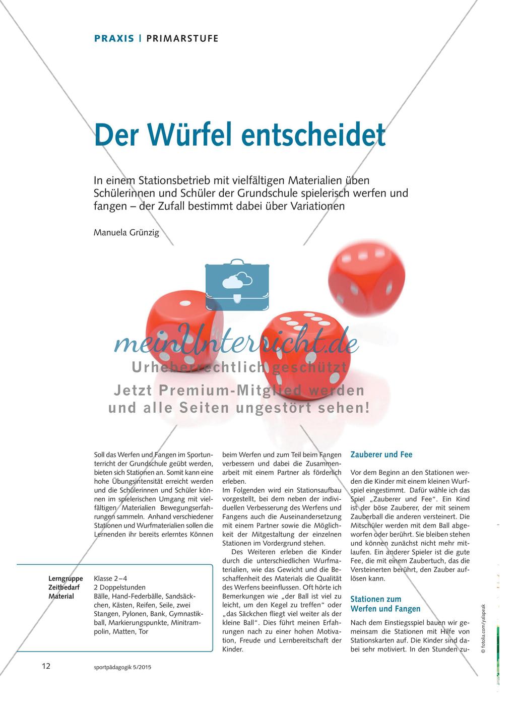 Der Würfel entscheidet - In einem Stationsbetrieb mit vielfältigen Materialien üben Schülerinnen und Schüler der Grundschule spielerisch werfen und fangen – der Zufall bestimmt dabei über Variationen Preview 1