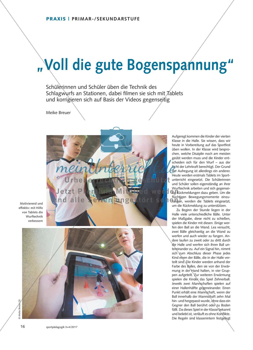 „Voll die gute Bogenspannung“ - Schülerinnen und Schüler üben die Technik des Schlagwurfs an Stationen, dabei filmen sie sich mit Tablets und korrigieren sich auf Basis der Videos gegenseitig Preview 1