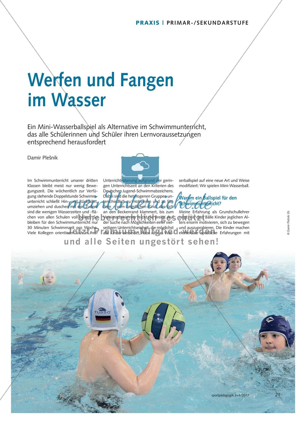 Werfen und Fangen im Wasser - Ein Mini-Wasserballspiel als Alternative im Schwimmunterricht, das alle Schülerinnen und Schüler ihren Lernvoraussetzungen entsprechend herausfordert Preview 1