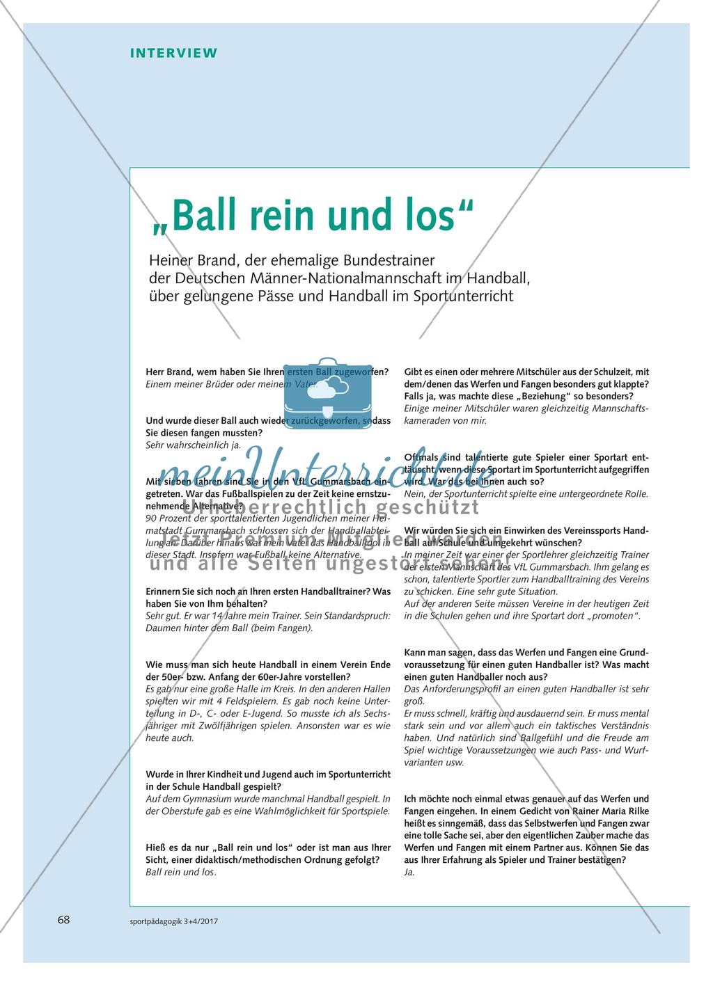 „Ball rein und los“ - Heiner Brand, der ehemalige Bundestrainer der Deutschen Männer-Nationalmannschaft im Handball, über gelungene Pässe und Handball im Sportunterricht Preview 1