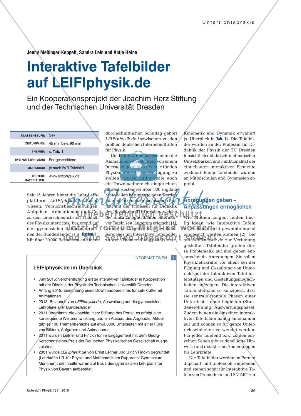Interaktive Tafelbilder auf LEIFIphysik.de - Ein Kooperationsprojekt der Joachim Herz Stiftung und der Technischen Universität Dresden Preview 1