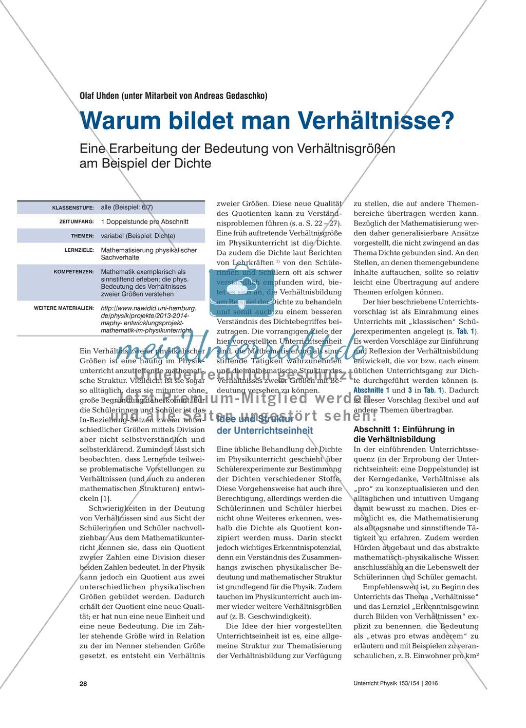 Warum bildet man Verhältnisse? - Eine Erarbeitung der Bedeutung von Verhältnisgrößen am Beispiel der Dichte Preview 1