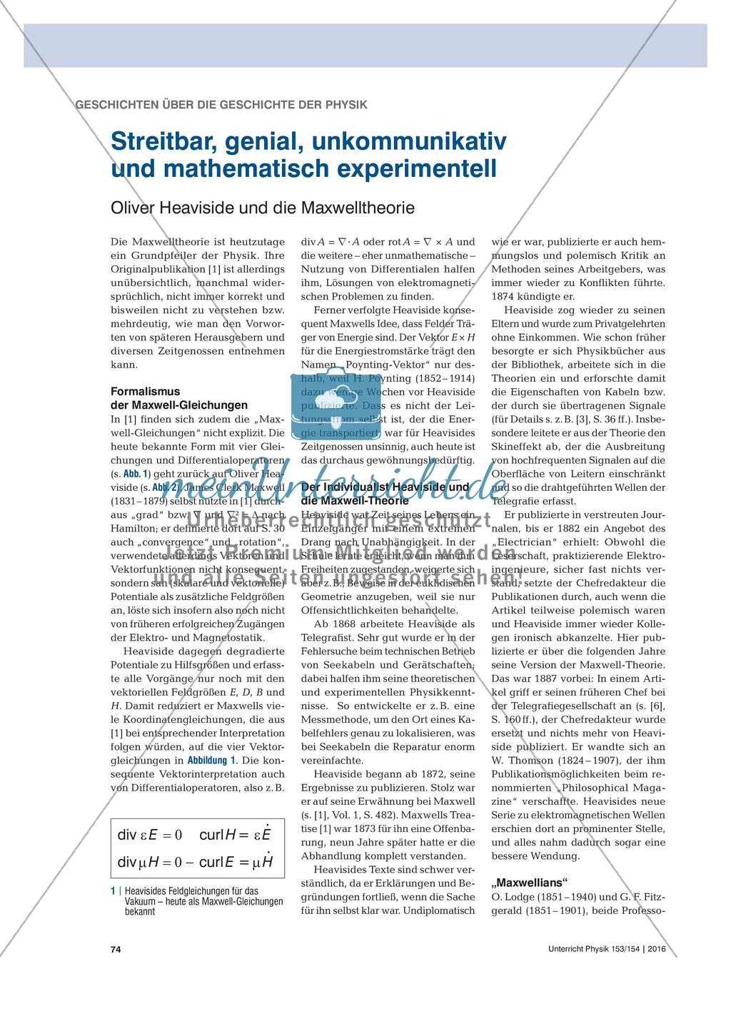Streitbar, genial, unkommunikativ und mathematisch experimentell - Oliver Heaviside und die Maxwelltheorie Preview 1