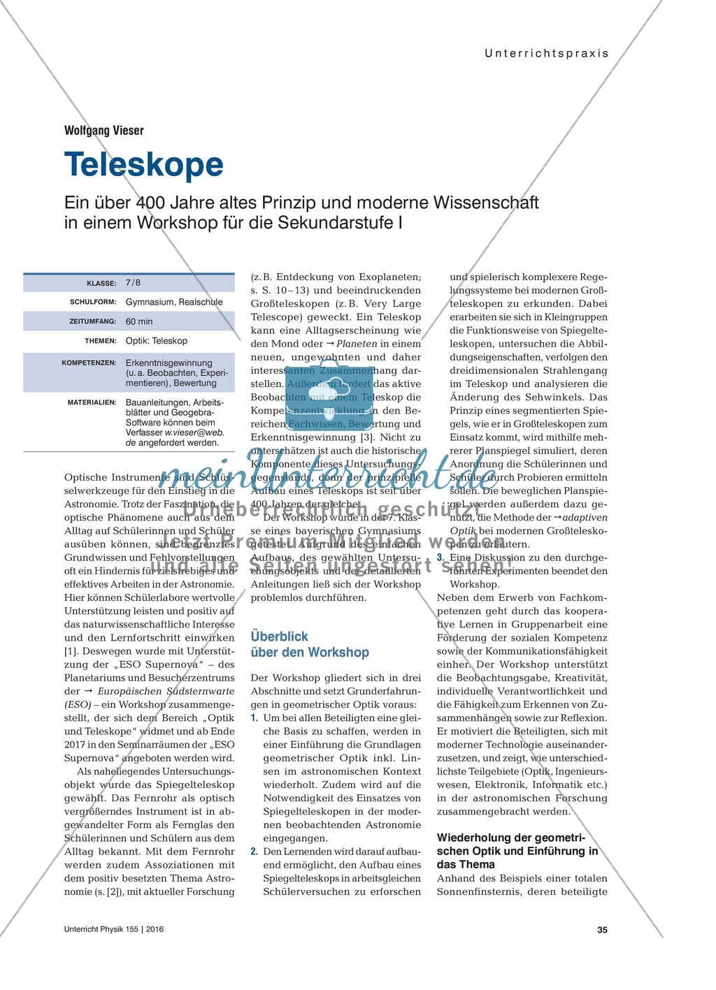 Teleskope - Ein über 400 Jahre altes Prinzip und moderne Wissenschaft in einem Workshop für die Sekundarstufe I Preview 1
