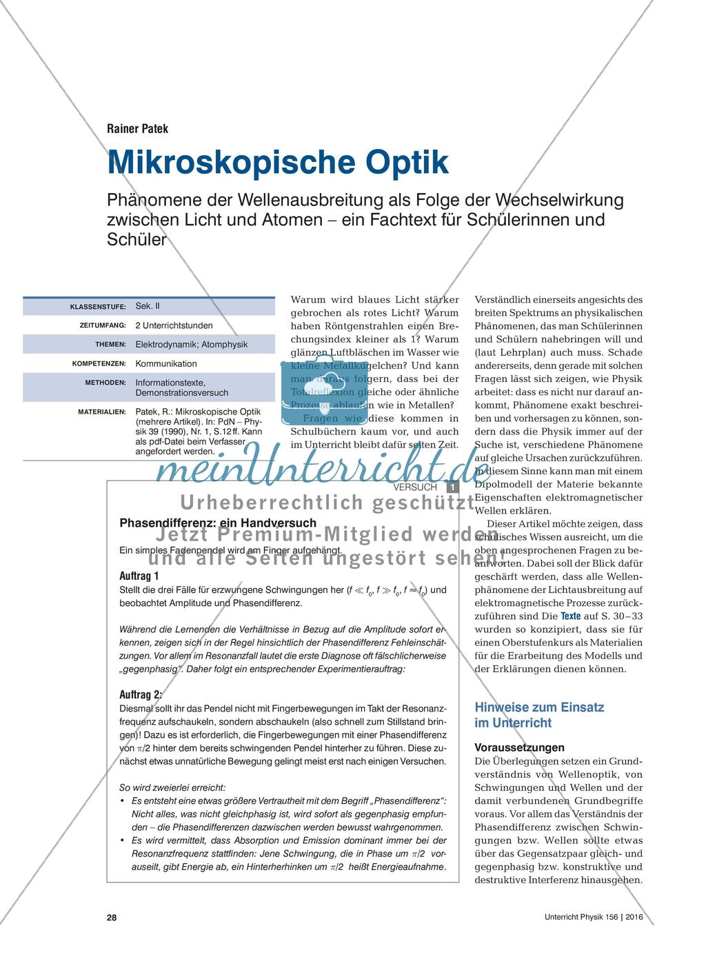Mikroskopische Optik - Phänomene der Wellenausbreitung als Folge der Wechselwirkung zwischen Licht und Atomen – ein Fachtext für Schülerinnen und Schüler Preview 1