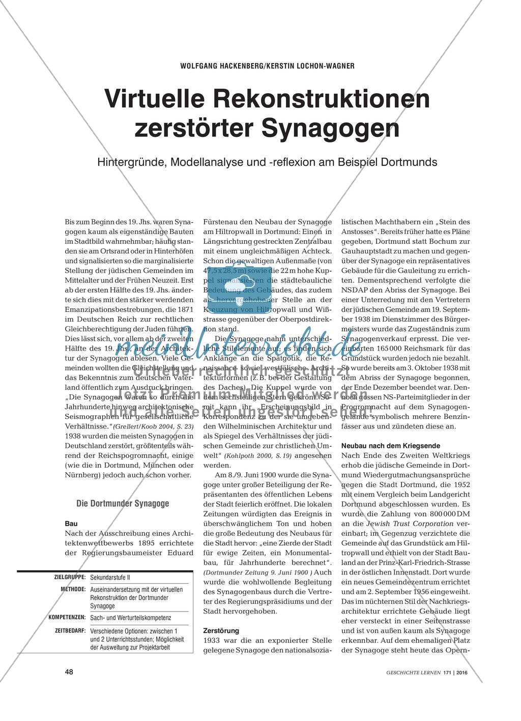 Virtuelle Rekonstruktionen zerstörter Synagogen - Hintergründe, Modellanalyse und -reflexion am Beispiel Dortmunds Preview 1