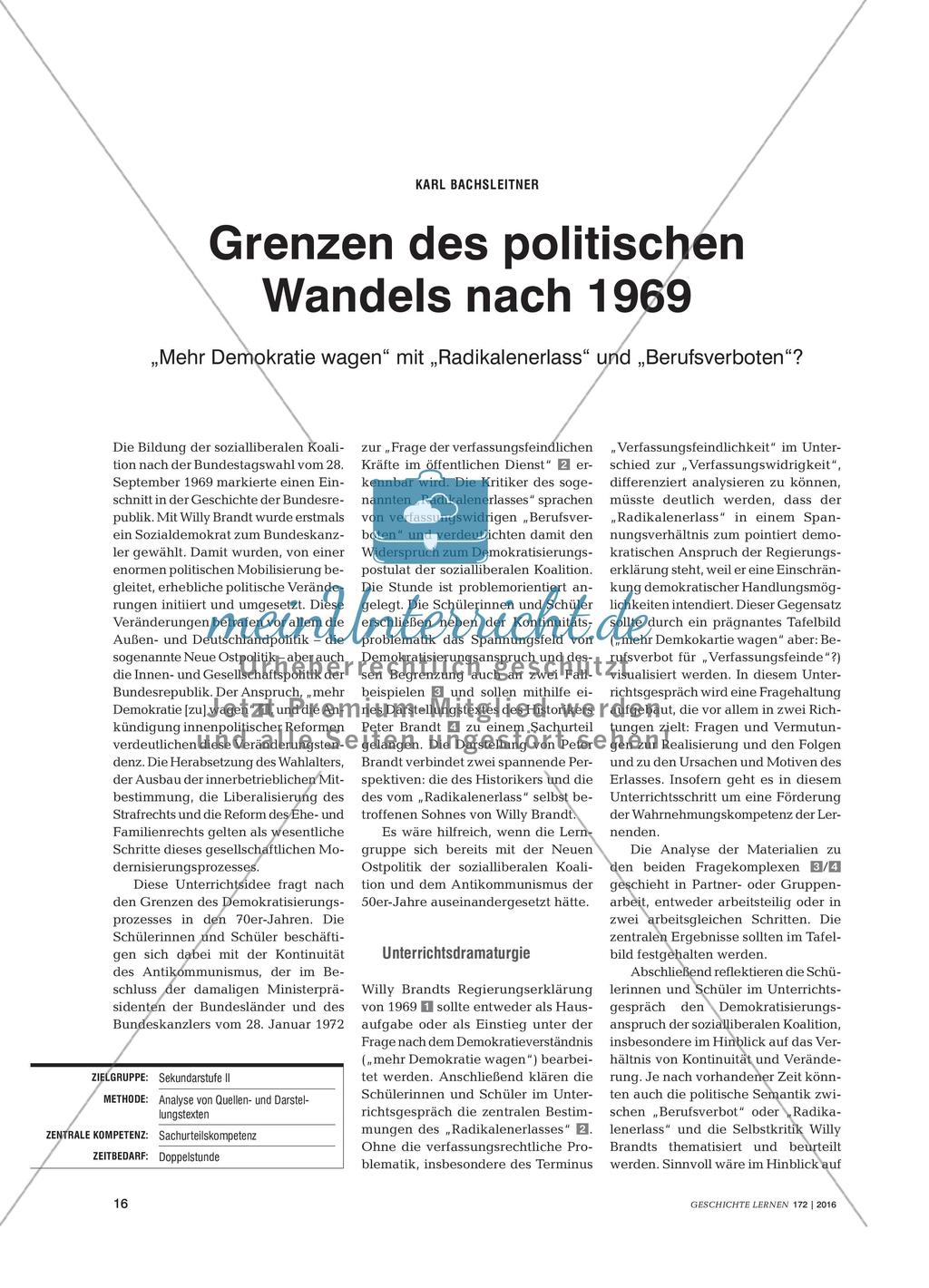 Grenzen des politischen Wandels nach 1969 - „Mehr Demokratie wagen“ mit „Radikalenerlass“ und „Berufsverboten“? Preview 1