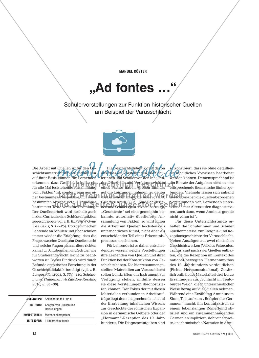 „Ad fontes …“ - Schülervorstellungen zur Funktion historischer Quellen am Beispiel der Varusschlacht Preview 1