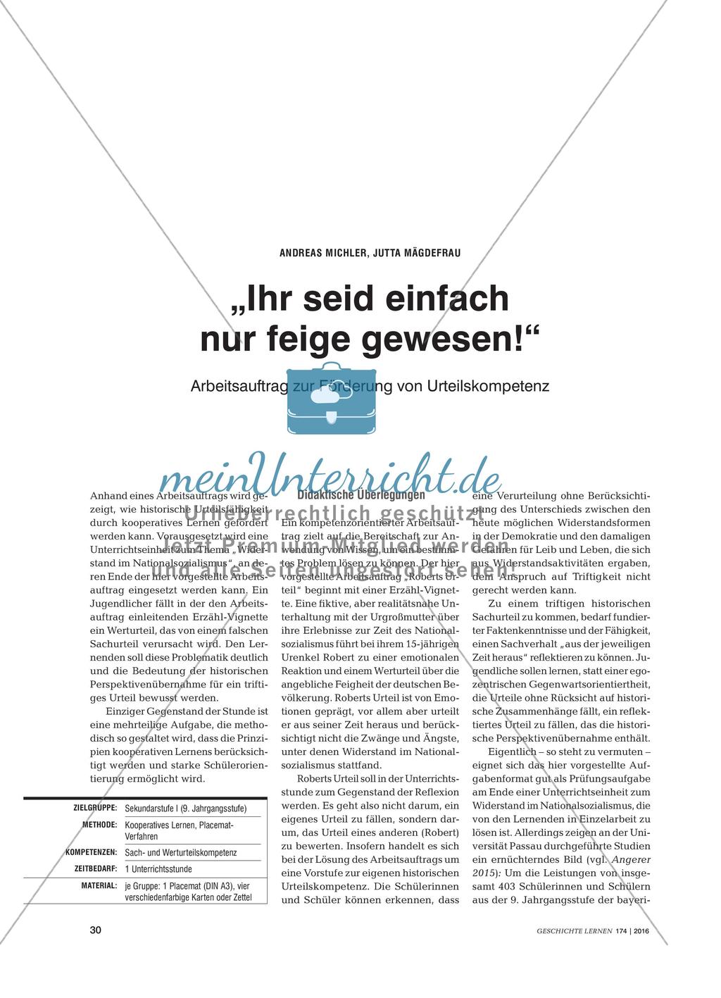„Ihr seid einfach nur feige gewesen!“ - Arbeitsauftrag zur Förderung von Urteilskompetenz Preview 1